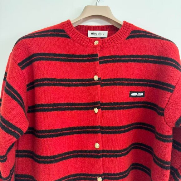 MIU MIU Shetland Knit Cardigan In Red/black - Picture 5 of 11
